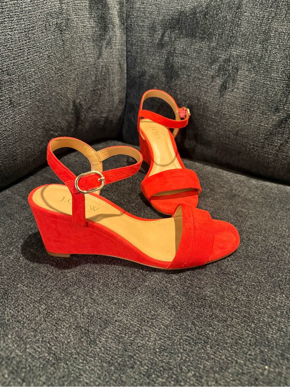 J. Crew Red Suede Ankle-Strap Low Wedge Sandals